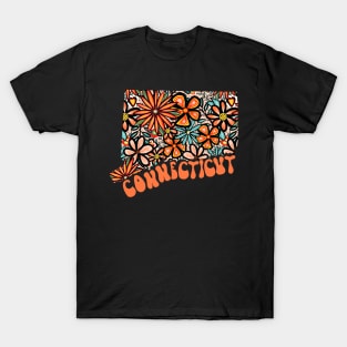 Connecticut State Design | Artist Designed Illustration Featuring Connecticut State Outline Filled With Retro Flowers with Retro Hand-Lettering T-Shirt